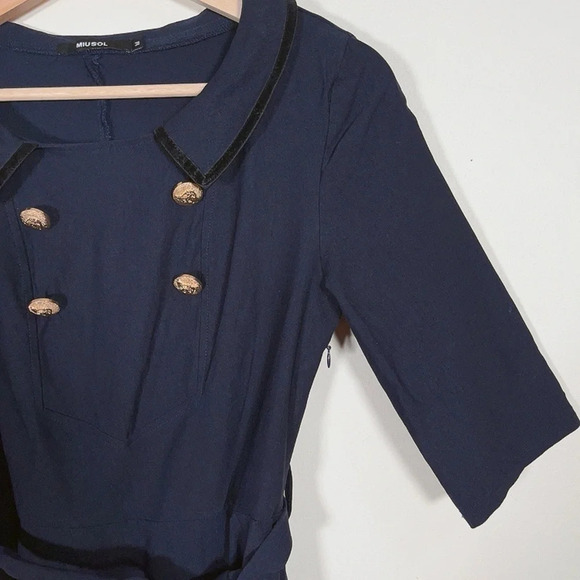 MIUSOL | 3/4 SLEEVE VINTAGE NAVY BELTED RETRO EVENING DRESS - Picture 6 of 13